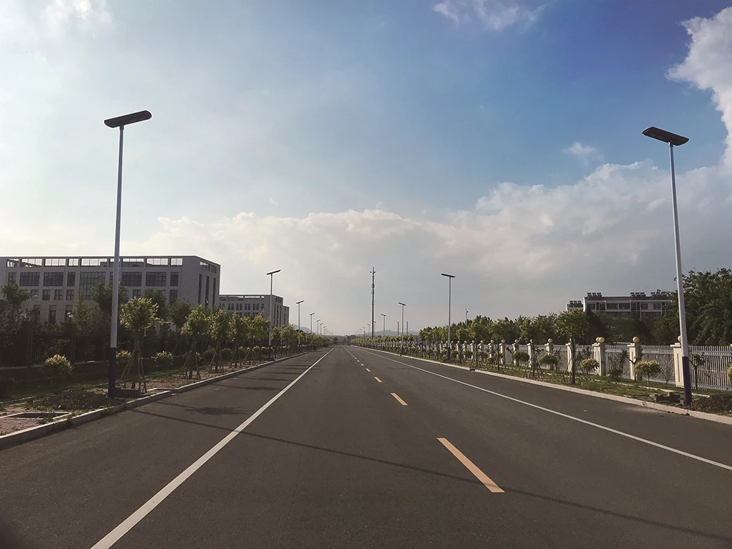 Solar street lights installed along an urban roadway Solar street lights installed along an urban roadway